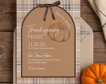 May include: Thanksgiving invitation card with a brown and tan plaid pattern. The card features a pumpkin illustration and the words "Thanksgiving Feast" and event details. A brown ribbon is tied at the top.