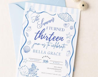 Seashell 13th Birthday Invitation: Editable Ocean Theme Party Invite (Digital Download)