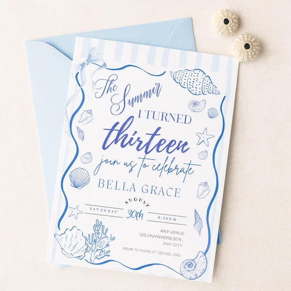 Seashell 13th Birthday Invitation: Editable Ocean Theme Party Invite (Digital Download)