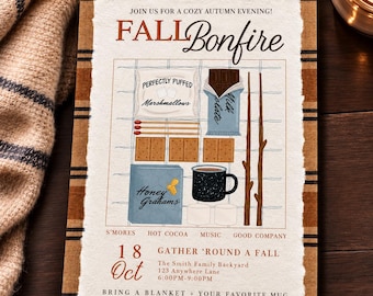 Invito per falò autunnale, modello modificabile per festa S'mores su Canva, invito digitale stampabile