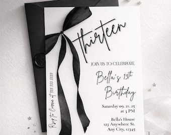 Coquette 13th Birthday Invitation: Black Bow, Trendy Girl (Digital Download)