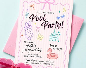 Editable Pool Party Sleepover Invitation, Tween Girl Birthday (Digital Download)