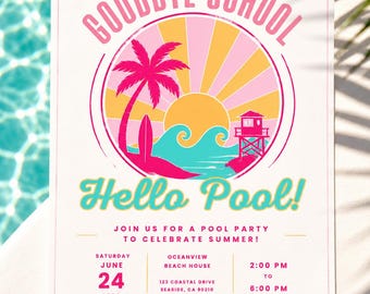 Pool Party Goodbye Schoolnvitation, Summer Birthday Invite, Editable Canva Template