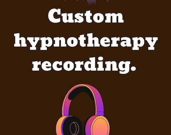 May include: A brown graphic with the text "Custom hypnotherapy recording." A purple and orange gradient set of headphones is at the bottom. A purple sound wave graphic is at the top.
