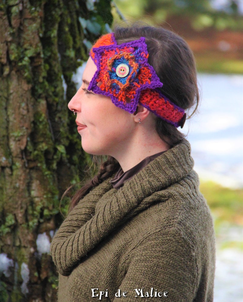 Gypsy Hippie Boho orange violet fuchsia pink earmuff flower power Floral headband hippy hair dreadlocks Bohemian colorful multicolored