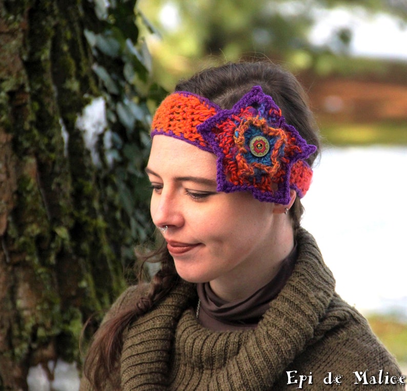 Gypsy Hippie Boho orange violet fuchsia pink earmuff flower power Floral headband hippy hair dreadlocks Bohemian colorful multicolored