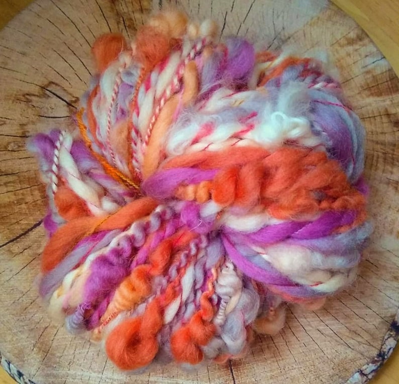 art yarn 100/% pure merinos violet orange coil bobble fiber art 200gr 7.06 oz knitting crochet deluxe wool skein Large Hand spun yarn
