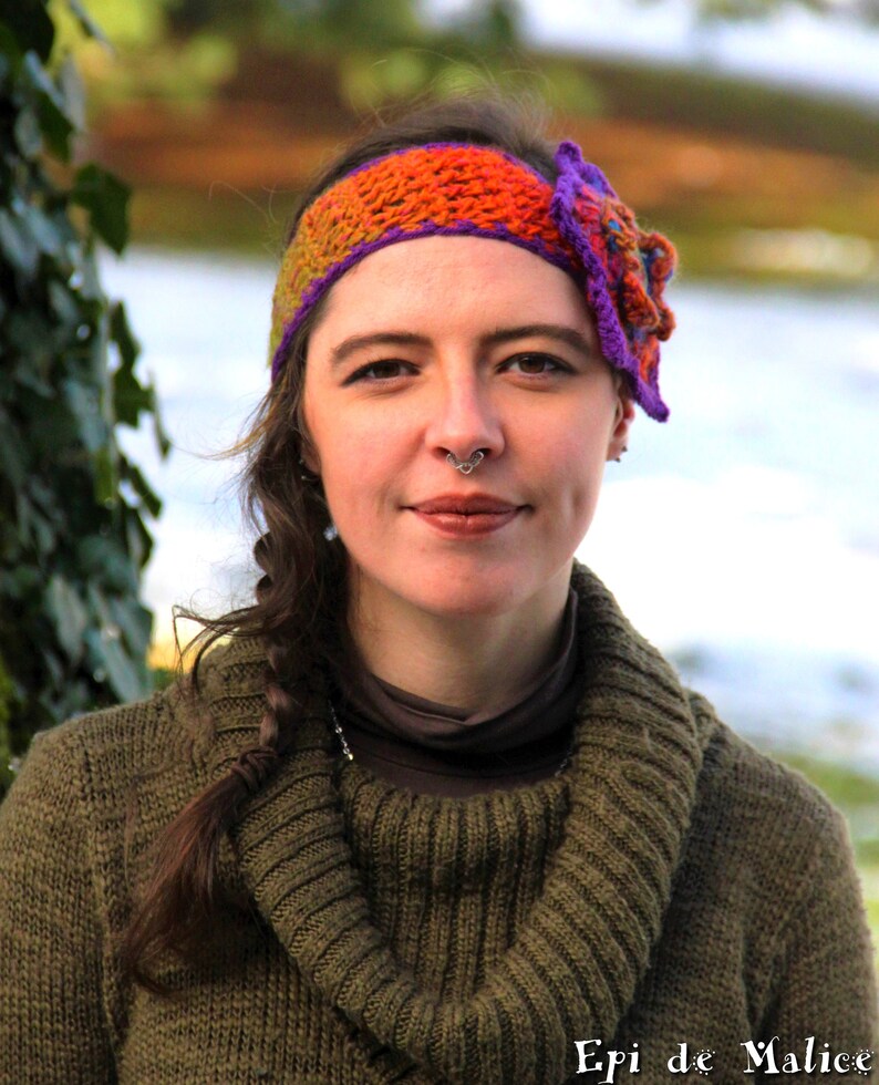 Gypsy Hippie Boho orange violet fuchsia pink earmuff flower power Floral headband hippy hair dreadlocks Bohemian colorful multicolored