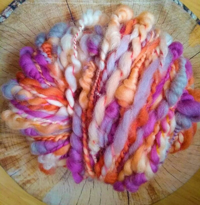 art yarn 100/% pure merinos violet orange coil bobble fiber art 200gr 7.06 oz knitting crochet deluxe wool skein Large Hand spun yarn
