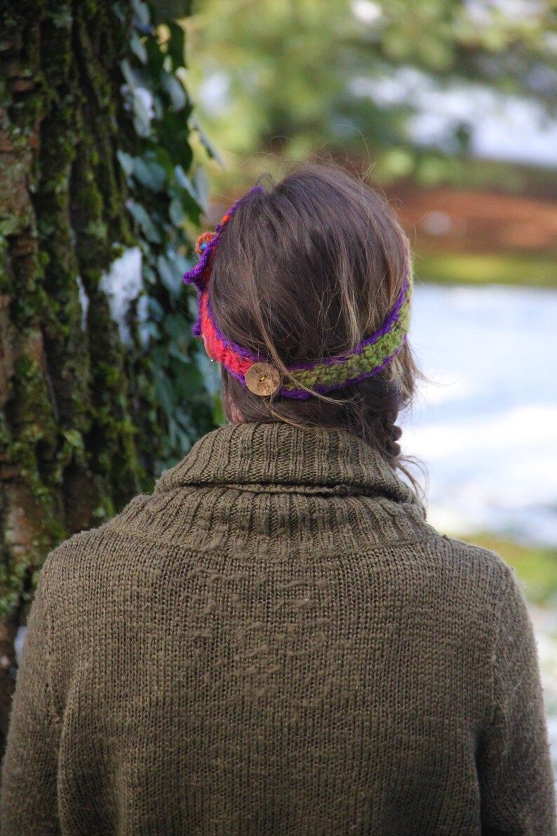 Gypsy Hippie Boho orange violet fuchsia pink earmuff flower power Floral headband hippy hair dreadlocks Bohemian colorful multicolored