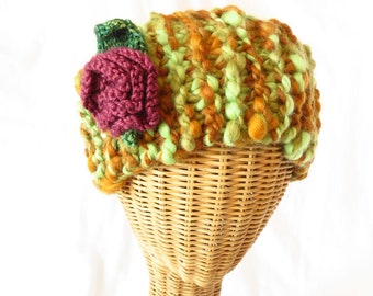 Fall Rose headband, knitted flower chunky headband, ponytail ear warmer