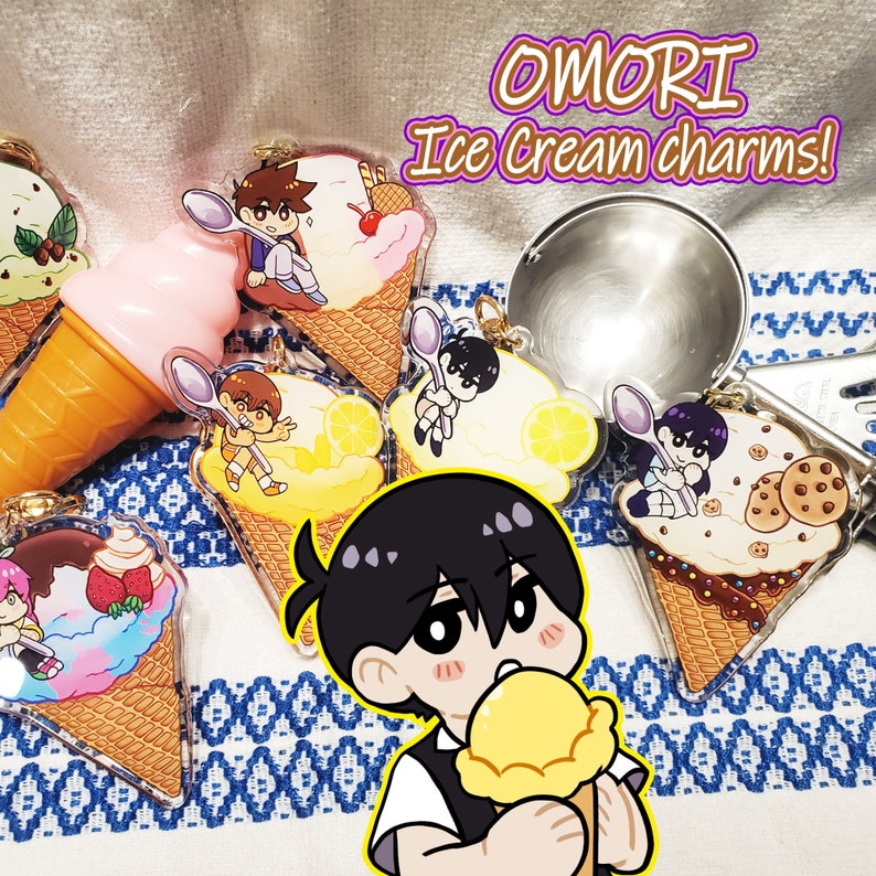 OMORI Ice Cream Keychains, Charms, Sunny/Omori, Basil, Kel, Mari, Hero, Aubrey Glitter Epoxy 