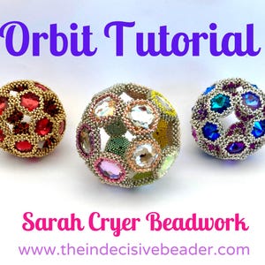 May include: Three beaded spheres in different colour combinations. The spheres are made with small beads and feature larger, faceted beads. The spheres are arranged in a row on a white surface. The text "Orbit Tutorial" is at the top of the image and the text "Sarah Cryer Beadwork" and "www.theindecisivebeader.com" are at the bottom of the image.