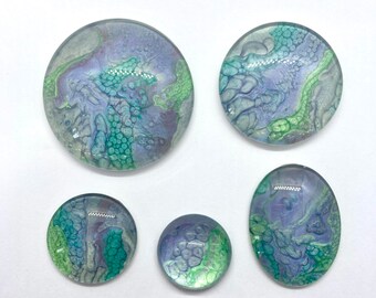 Set of 5 Hand Painted Glass Cabochons for Jewellery Making, Bead Embroidery, Beadweaving