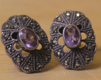 Vintage Sterling Silver Post Earrings with Amethyst and Marcasites