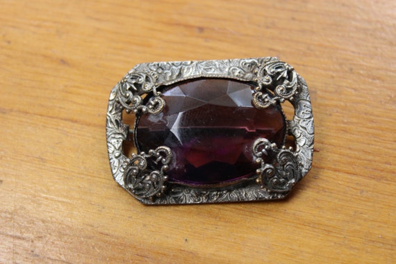 Art Nouveau Silver Tone Pin with a Large Faceted … - image 1