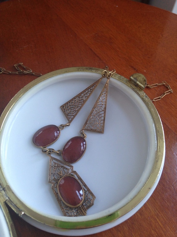 Art Deco Brass Filigree Necklace with Glass Carnelian Cabochons