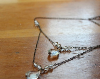 Art Deco Double Tiered Necklace with Sparkling Faceted Crystal Drops