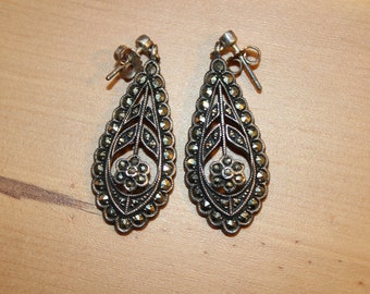 Art Deco Sterling Silver Pierced Earrings with Marcasites and Flower Motif