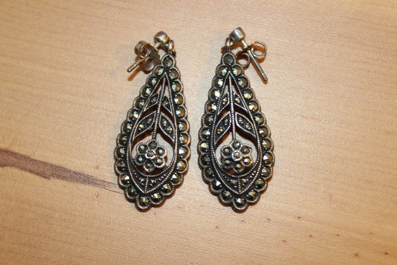 Art Deco Sterling Silver Pierced Earrings with Ma… - image 1