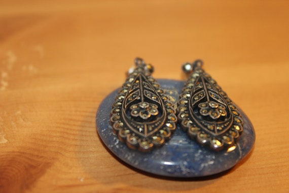 Art Deco Sterling Silver Pierced Earrings with Ma… - image 2
