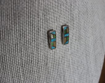 Vintage Sterling Silver Pierced Earrings with Turquoise and Mother of Pearl Inlay