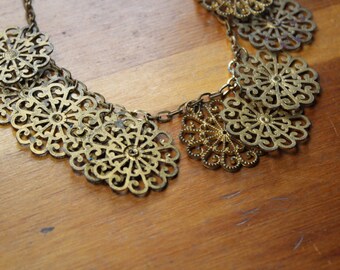Art Deco Gold Tone Necklace with Filigree Drops