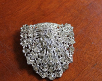 Art Deco Silver Tone Dress Clip With Rhinestones