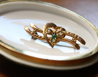 Victorian/ Art Nouveau gold tone pin with heart and shamrock
