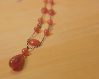 Art Deco Sterling Silver Necklace with Glass Carnelian Beads