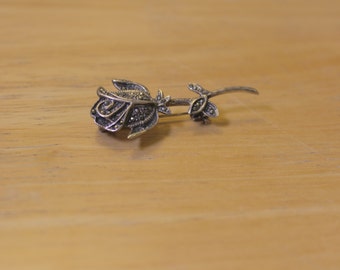 Vintage Sterling Silver Rose Pin Set with Marcasites