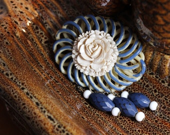 Art Deco Early Plastic Celluloid Pin with Rose and Faceted Glass Bead Drops
