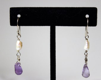 SALE Handcrafted Sterling Silver Earrings with Amethyst Teardrops and Genuine Pearls