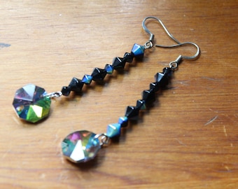 Vintage Pierced Earrings with Faceted Iridescent Glass Crystal Beads