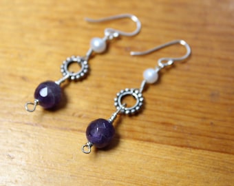 SALE- Handcrafted Sterling Silver Earrings with Faceted Amethyst Beads and Genuine Pearls