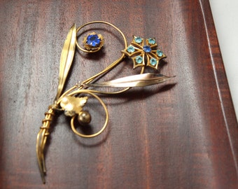 Art Deco Gold Filled Flower Pin with Blue Paste Stones