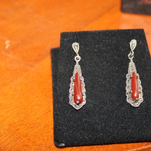 Vintage Art Deco Style Sterling Silver Marcasite and Carnelian pierced earrings