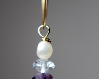 SALE- Handcrafted Gold Filled Hoop Earrings with Genuine Pearls, Aquamarine and Amethyst