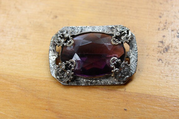 Art Nouveau Silver Tone Pin with a Large Faceted … - image 4