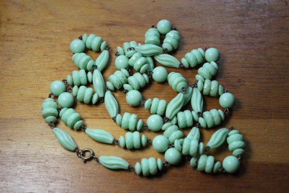 Art Deco Early Plastic/ Celluloid Green Bead Flap… - image 1