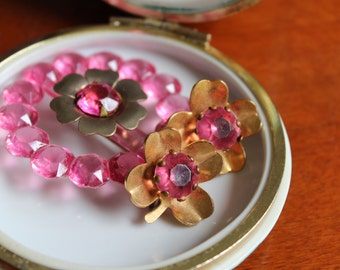 Art Deco Early Plastic Pin with Pink Molded Rhinestones in a Flower Design with Matching Earrings