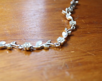 VIntage Silver Tone Necklace with Rhinestones and Translucent White Rhondels with Matching Pierced Earrings