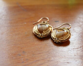 Repurposed from a Dress Catch Art Nouveau Earrings with Gold Filled Wire Wrapped around Glass