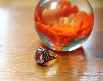 Victorian Gold Filled Filigree Ring with Glass Amethyst
