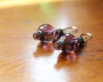 Artisan Repurposed Pierced Earrings with Faceted Purple Glass Art Deco Beads