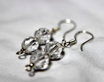 SALE- Handcrafted Sterling Silver Earrings with Two Faceted Quartz Crystal Beads