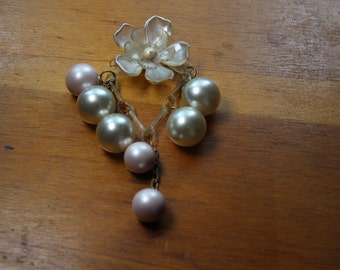 Fantastic Fantasy Early Plastic Flower Brooch/ Pin with Giant Faux Pearls