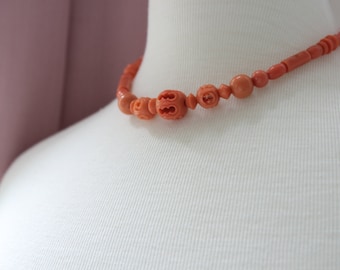 Art Deco Carved Galalith Coral Color Bead Necklace