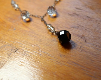 Art Deco Necklace on Silver Tone Peanut Chain with Black and Clear Glass Crystal Teardrops