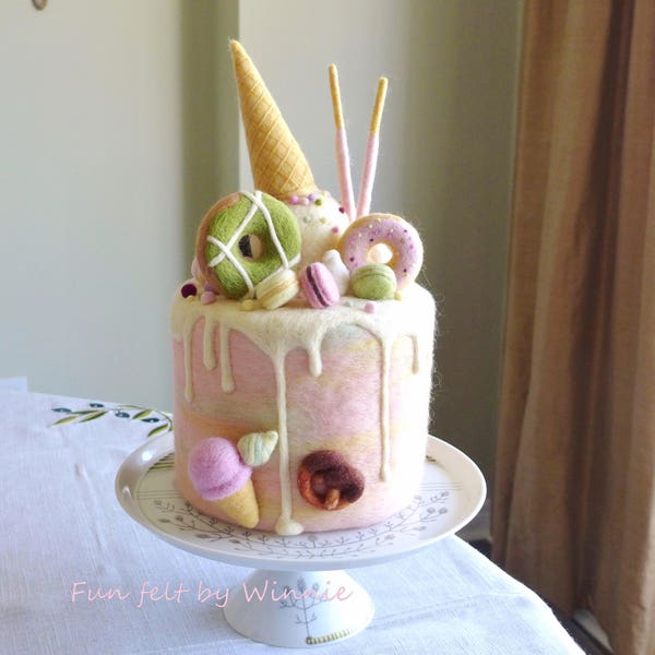 Needle felted upside down cone ice cream cake OOAK handmade centrepiece dessert